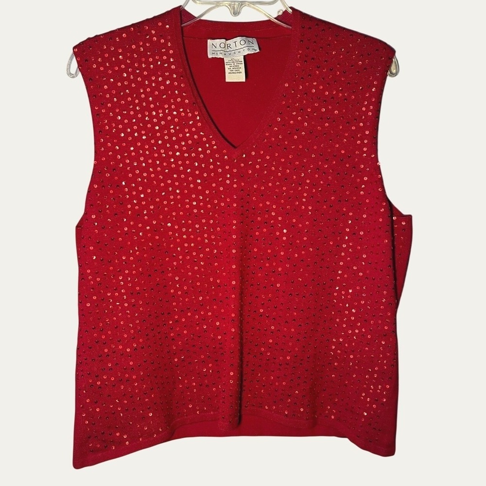 Norton McNaughton Red Silk Blend Sequin Sleeveless Sweater Vest Top Womens XL
